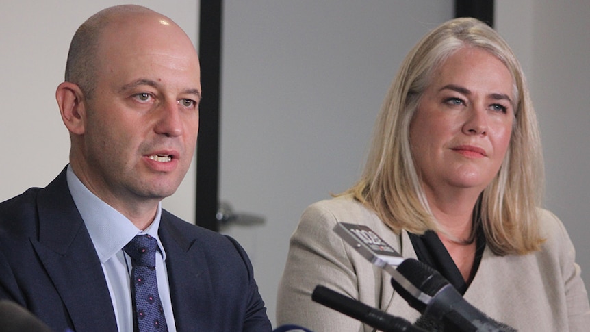NRL chief Todd Greenberg and new Gold Coast Titans co-owner Rebecca Frizelle on December 15, 2017.