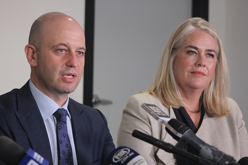 NRL chief Todd Greenberg and new Gold Coast Titans co-owner Rebecca Frizelle on December 15, 2017.