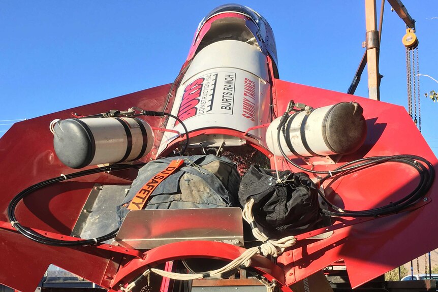 Close up view of a large red rocket