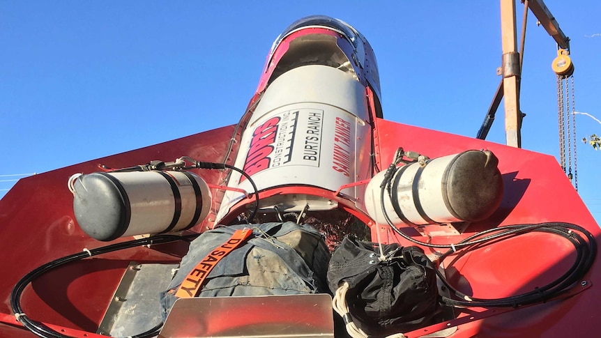 Close up view of a large red rocket