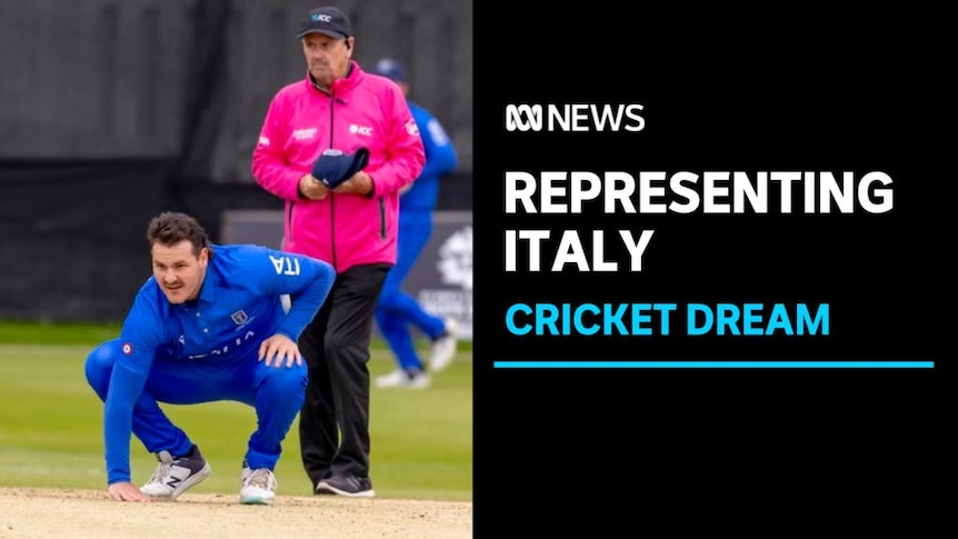 Representing Italy, Cricket Dream: A cricketer in a blue uniform touches the pitch with his palm. Umpire in pink stands behind.