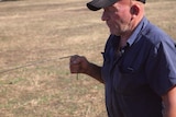 Water diviner Neil Derrick is walking through a paddock and is water divining.