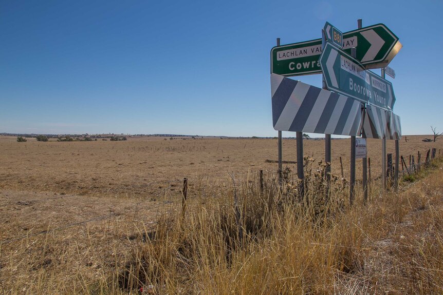 Road sign pointing to Boorowa, Cowra and Young in front of dry paddocks