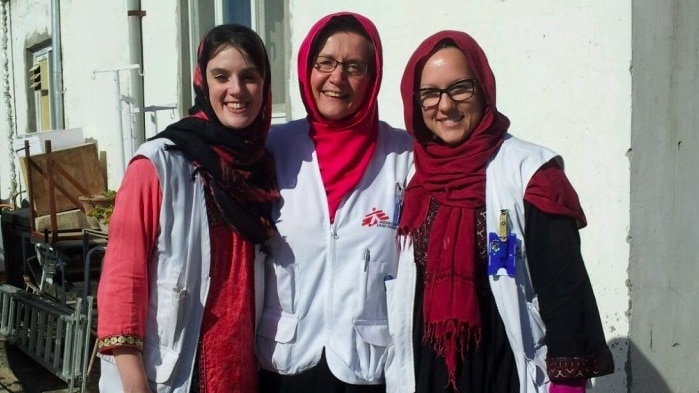 Lisa Altmann (L) with two MSF work colleagues in Afghanistan.