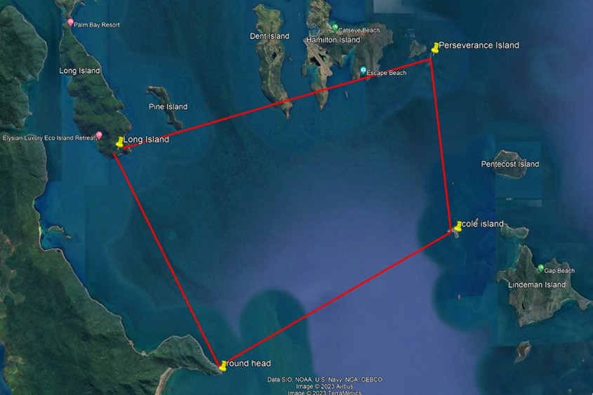 a map supplied by police showing an exclusion zone in waters between multiple whitsunday islands