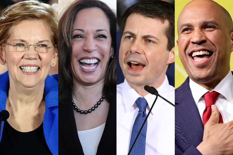 A composite image of Elizabeth Warren, Kamala Harris, Pete Buttigieg, and Cory Booker