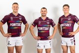 Three Manly players wearing the pride jersey