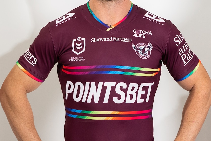 A cropped photo of Manly' pride jersey