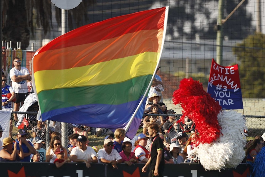 A rainbow flag waves on the sidelines.