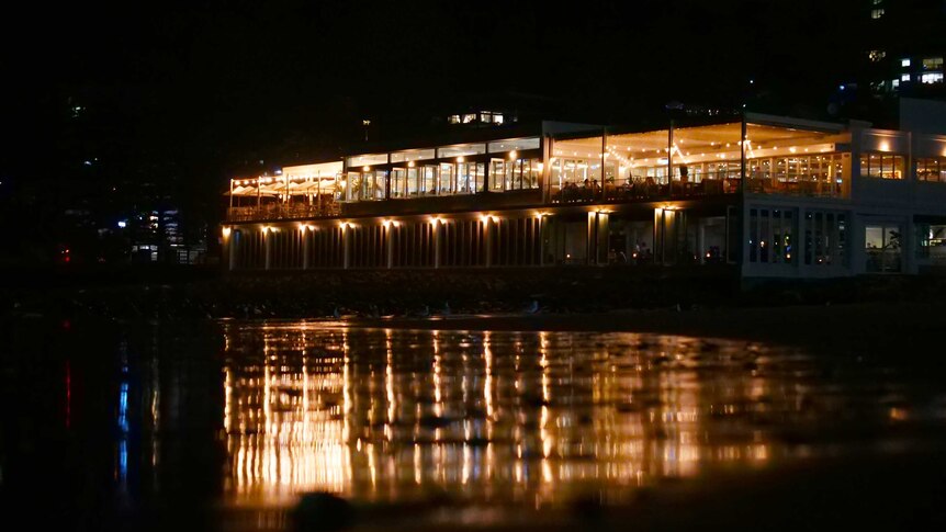 building at night on beach