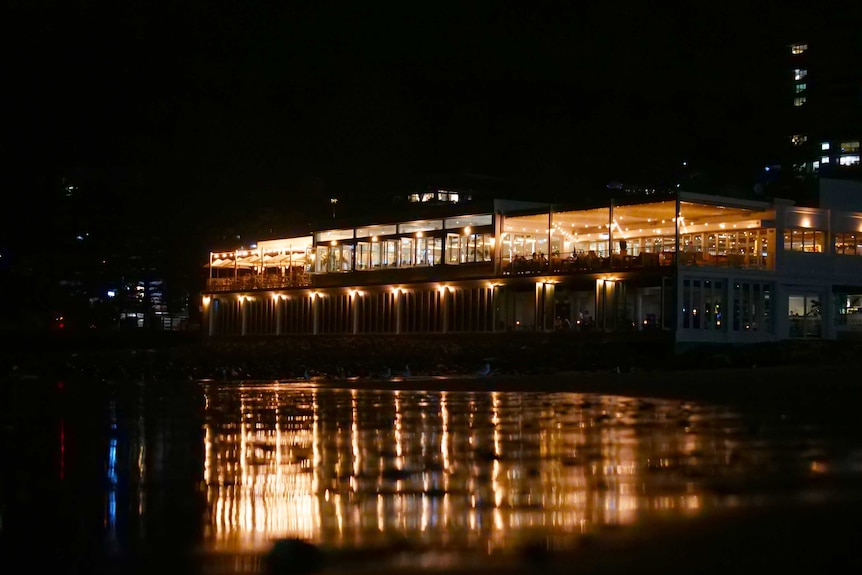 building at night on beach