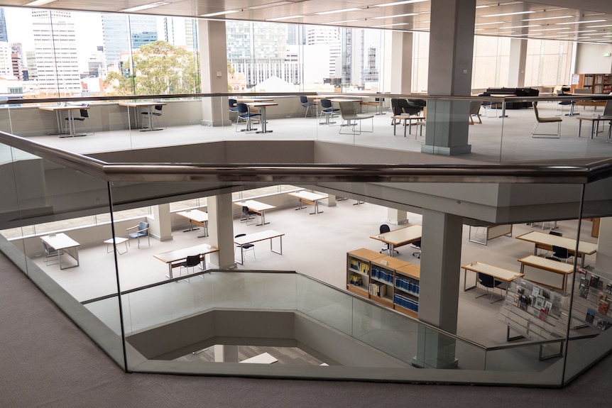 The upper floor of the state library is empty