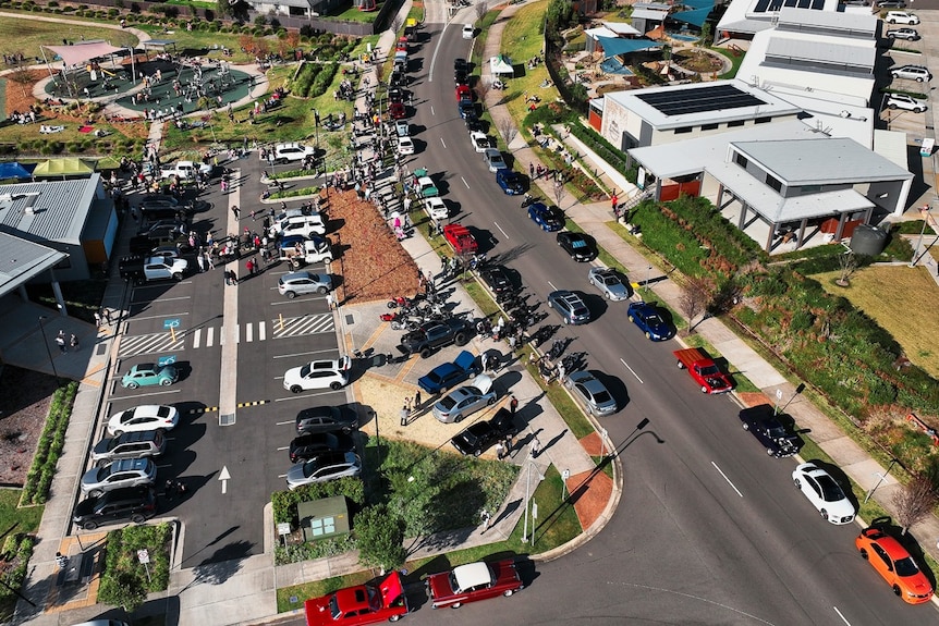 An aerial photo of a car and bike show and BBQ in an isolated Maitland suburb.