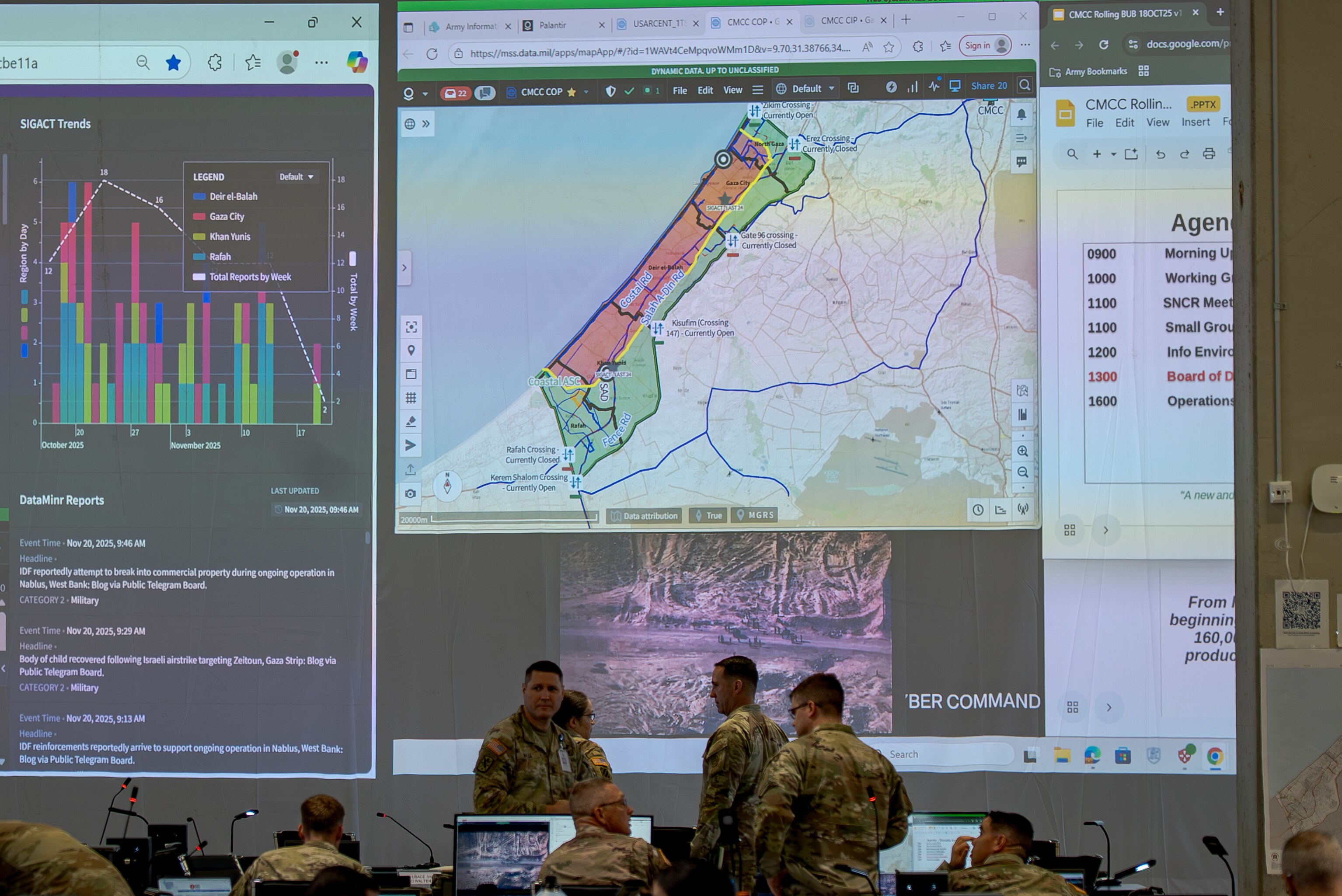 Personnel in US military gear standing in front of a large screen with a map of the Gaza Strip on it.