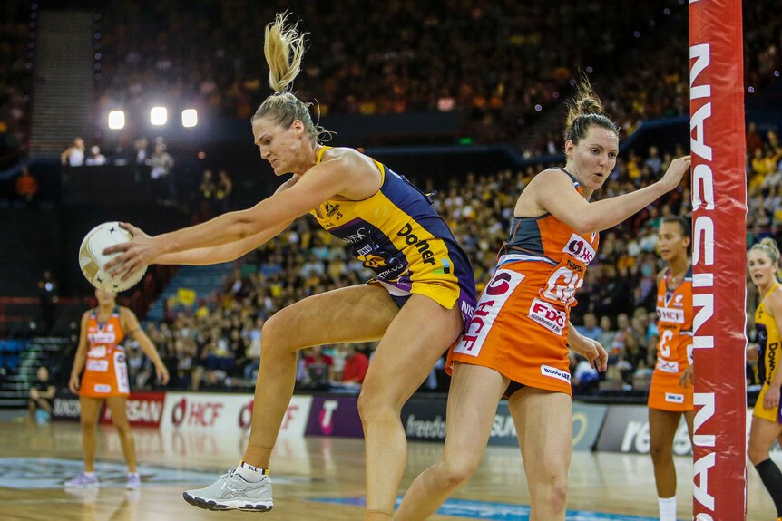 Caitlin Bassett of the Lightning with the ball during the Suncorp Super Netball Grand Final