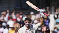 Mike Hussey salutes the Adelaide Oval crowd after reaching his second Test century