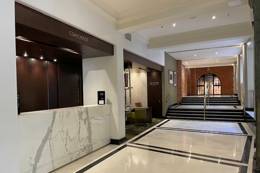 Concierge desk at the Intercontinental Hotel Sydney, with no people in sight.