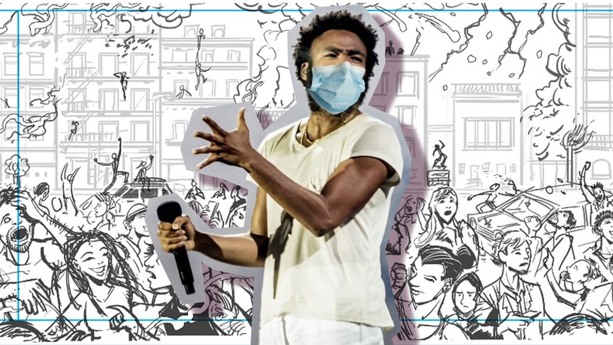 A collage of Childish Gambino performing live with a photoshopped medical mask, over the artwork for his 2020 project 03.15.20