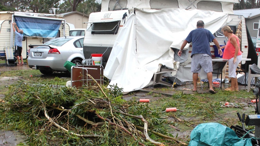 Debris covers a caravan park at Port Stephens, after a storm swept through the area.