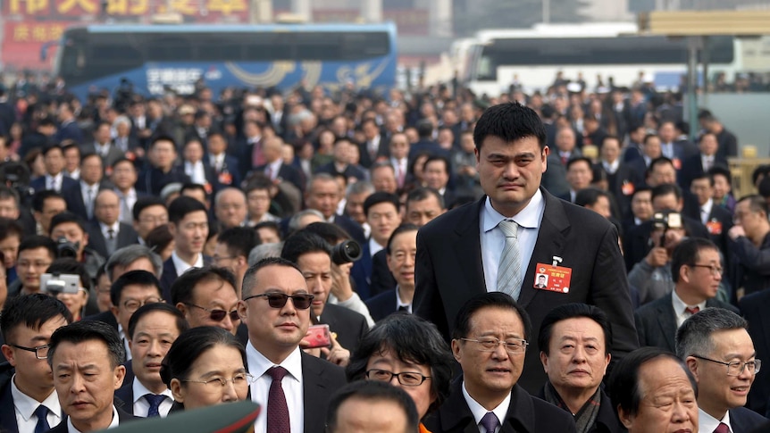 Former NBA basketball player Yao Ming arrives at the Great Hall of the People. He is much taller than the other delegates.