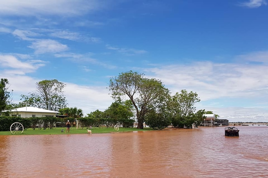 The homestead at Oban Station is surrounded by floodwaters.