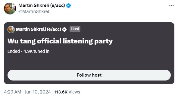 Martin Shkreli tweet: "Wu tang official listening party"