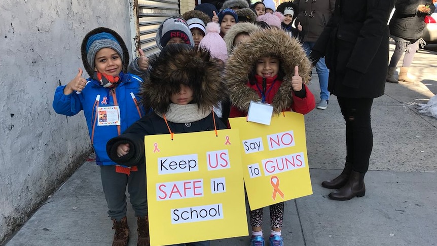 Children from the Washington Heights C.C.C. School protesting on National Walkout Day.