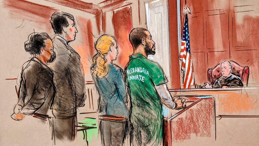 Courtroom sketch of man in prison uniform standing before judge with lawyers.
