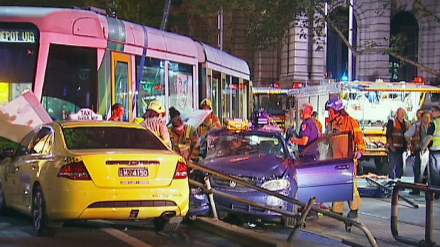 Scene of car v tram crash in Melbourne's CBD