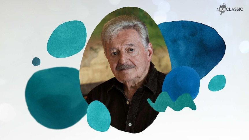 An image of composer Peter Sculthorpe with stylised musical notation overlayed in tones of teal.
