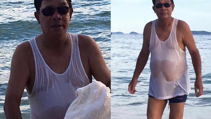 Hun Sen posted a photo to Facebook of him emerging from the ocean in a wet singlet.