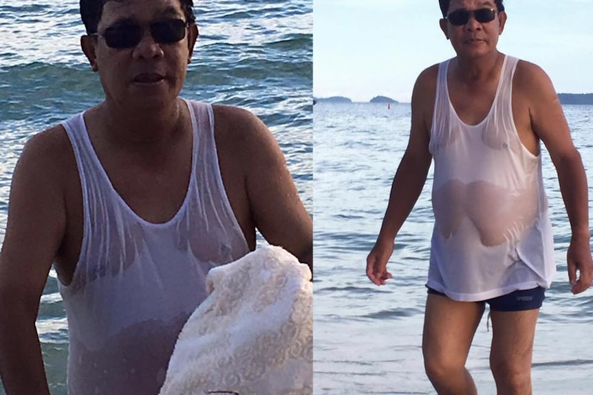 Hun Sen posted a photo to Facebook of him emerging from the ocean in a wet singlet.