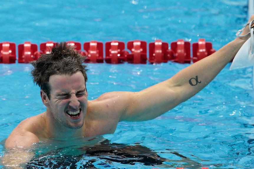 James Magnussen looks on after his lap in the 1x100m freestyle relay.