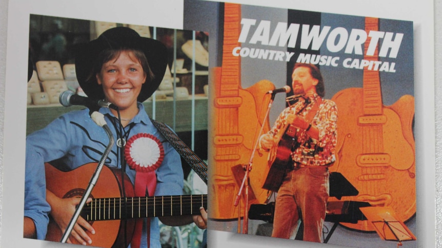 An old Tamworth postcard shows a young Felicity Urquhart on the left hand side holding her guitar while an man sings on right.