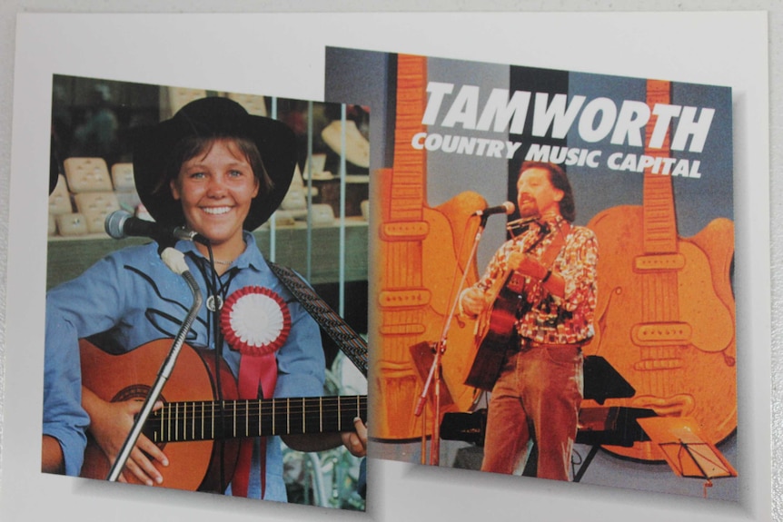 An old Tamworth postcard shows a young Felicity Urquhart on the left hand side holding her guitar while an man sings on right.