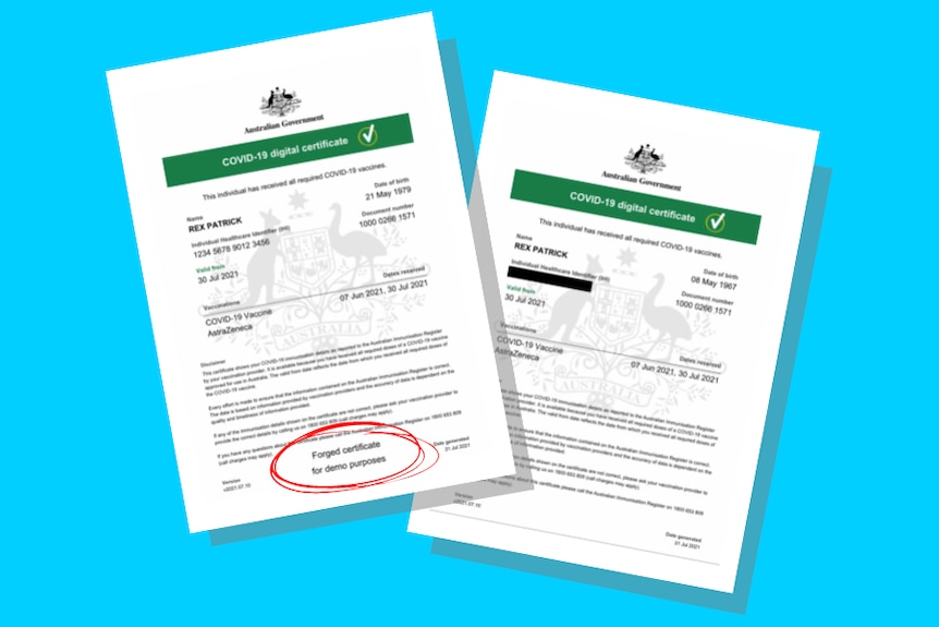 A graphic shows two almost identical health certificates, with a circle on one highlighting a 'forged for demo purposes' note.