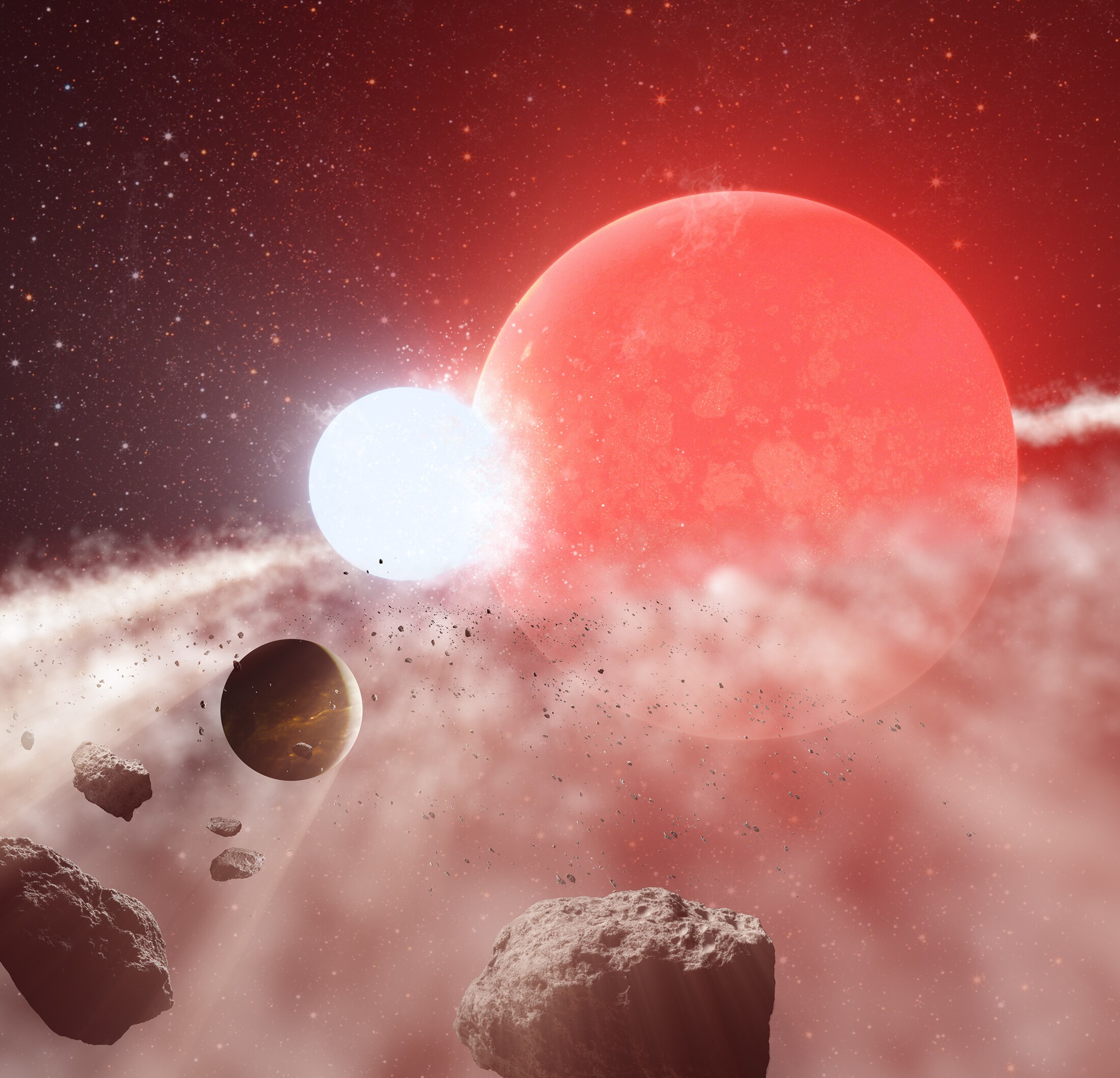 Artist impression of merging white dwarf and red giant to form planet
