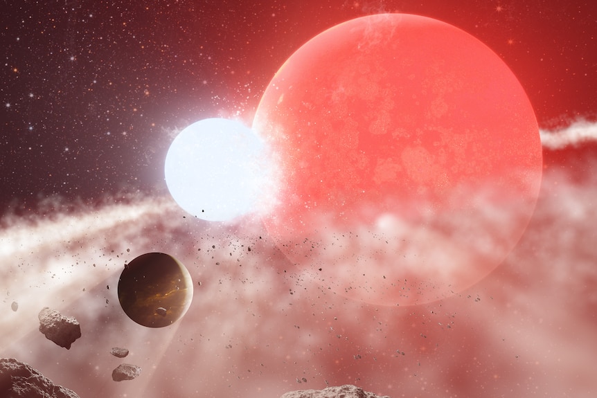 Artist impression of merging white dwarf and red giant to form planet