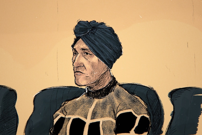 A court sketch of former principal Malfa Leiker wearing a head scarf.