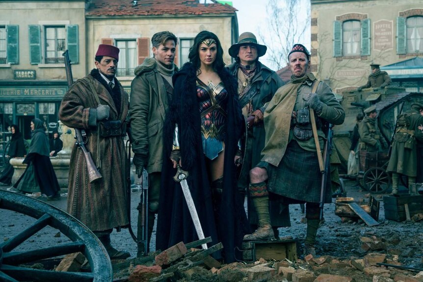 Ewen Bremner, Saïd Taghmaoui, Chris Pine, Gal Gadot, and Eugene Brave Rock in Wonder Woman (2017).