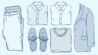 An illustration shows folded trousers, shirts, shoes and a jacket.