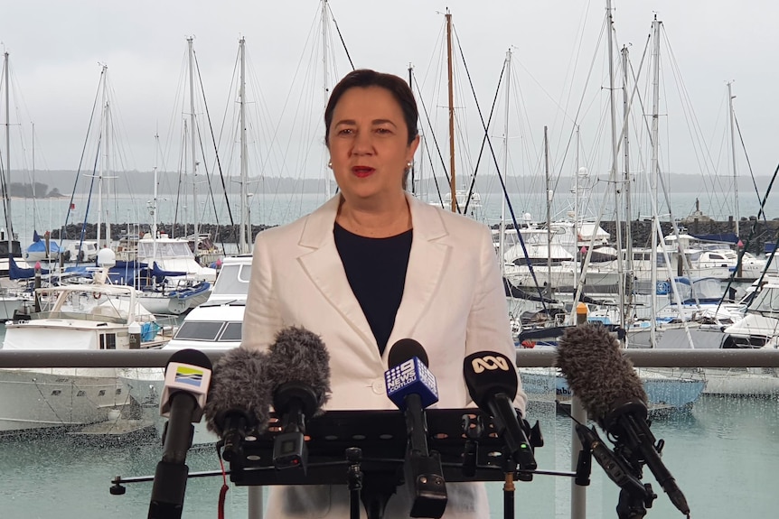Queensland Premier Annastacia Palaszczuk stands at a lectern behind microphones with boats and apartments in the background.