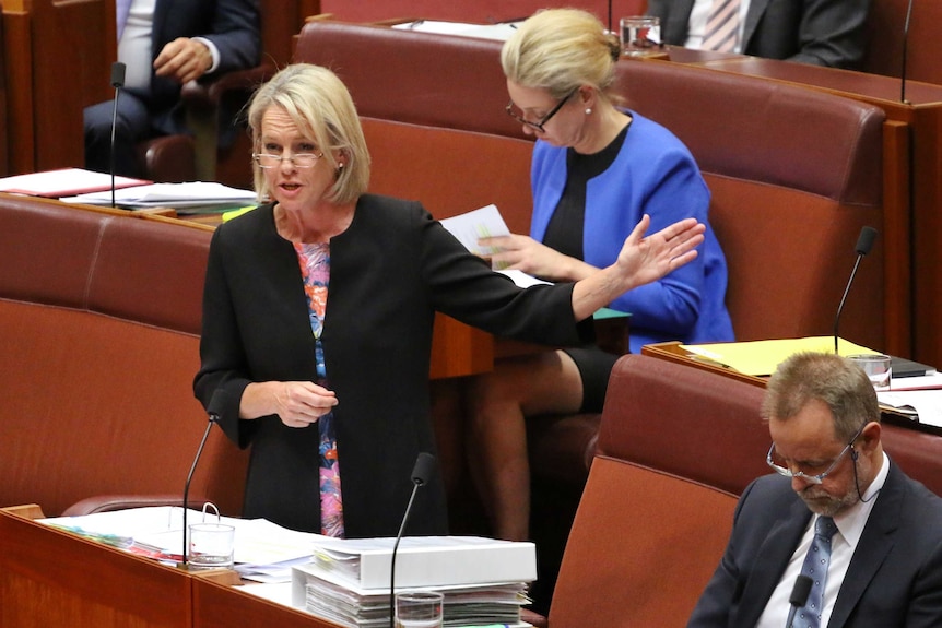 Senator Fiona Nash gestures to her left during Question Time.