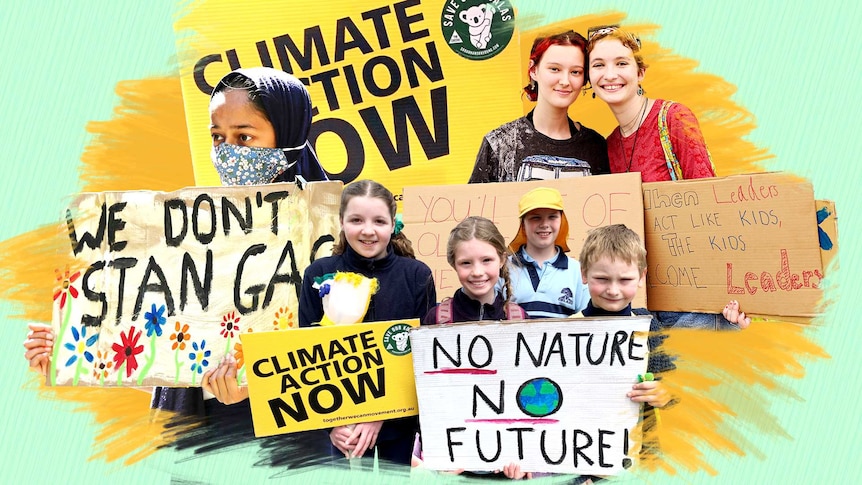 Composition of various child protestors holding anti climate change signs.