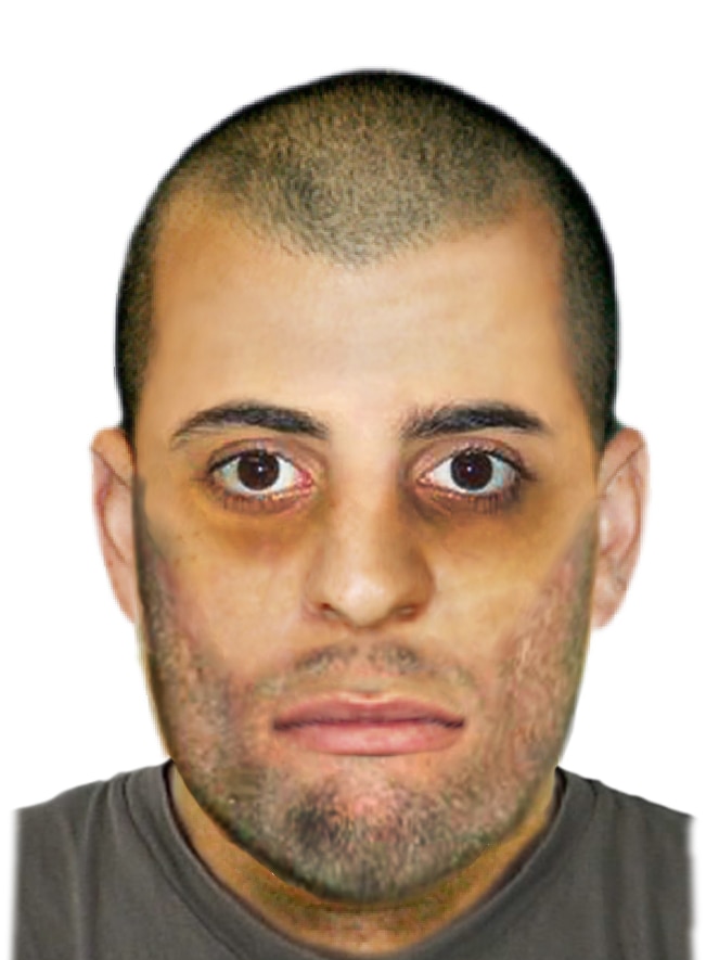 Police sketch of a man with a shaved head, dark circles under his eyes and stubble.
