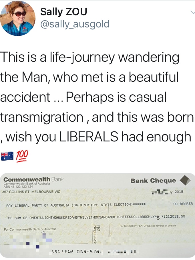 Sally Zou tweet including image of a cheque for $1.2 million made out to SA Liberals.