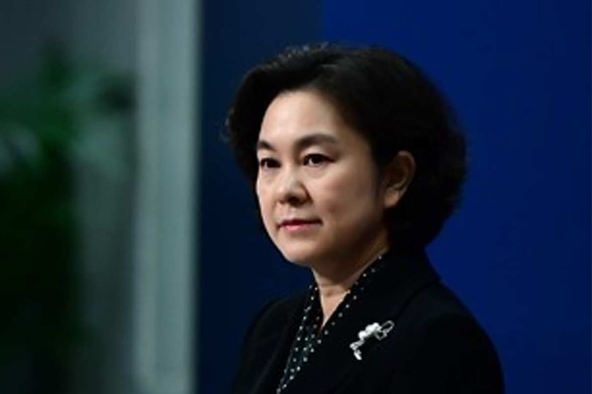 Chinese Foreign Ministry spokeswoman Hua Chunying stands at a lectern during a press conference.