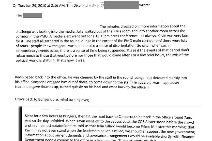 Diary entry by former Kevin Rudd speechwriter Tim Dixon dated June 29, 2010