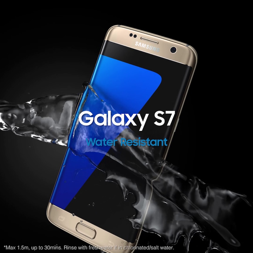 A still from a video advertisement shows a Galaxy S7 smartphone splashed with water, and the words "Water Resistant".