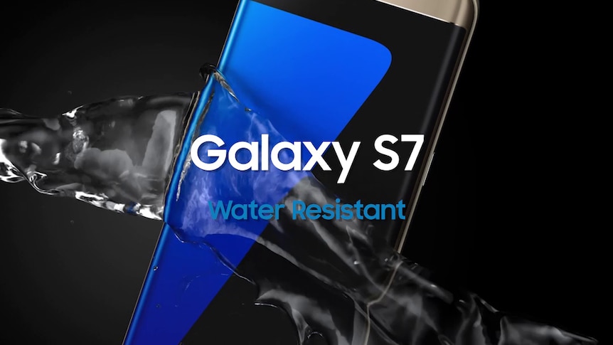A still from a video advertisement shows a Galaxy S7 smartphone splashed with water, and the words "Water Resistant".